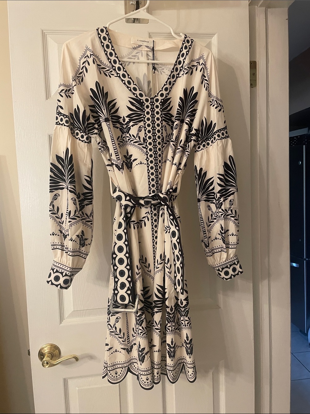 Commense Cream and Black Printed Midi Dress
